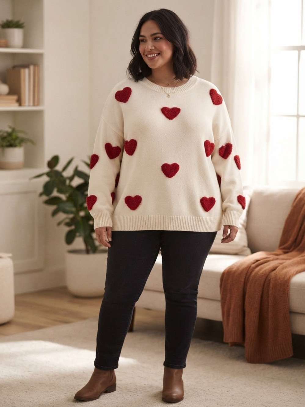 White raised chenille heart crew neck drop shoulder long sleeved sweater sz XXL.
